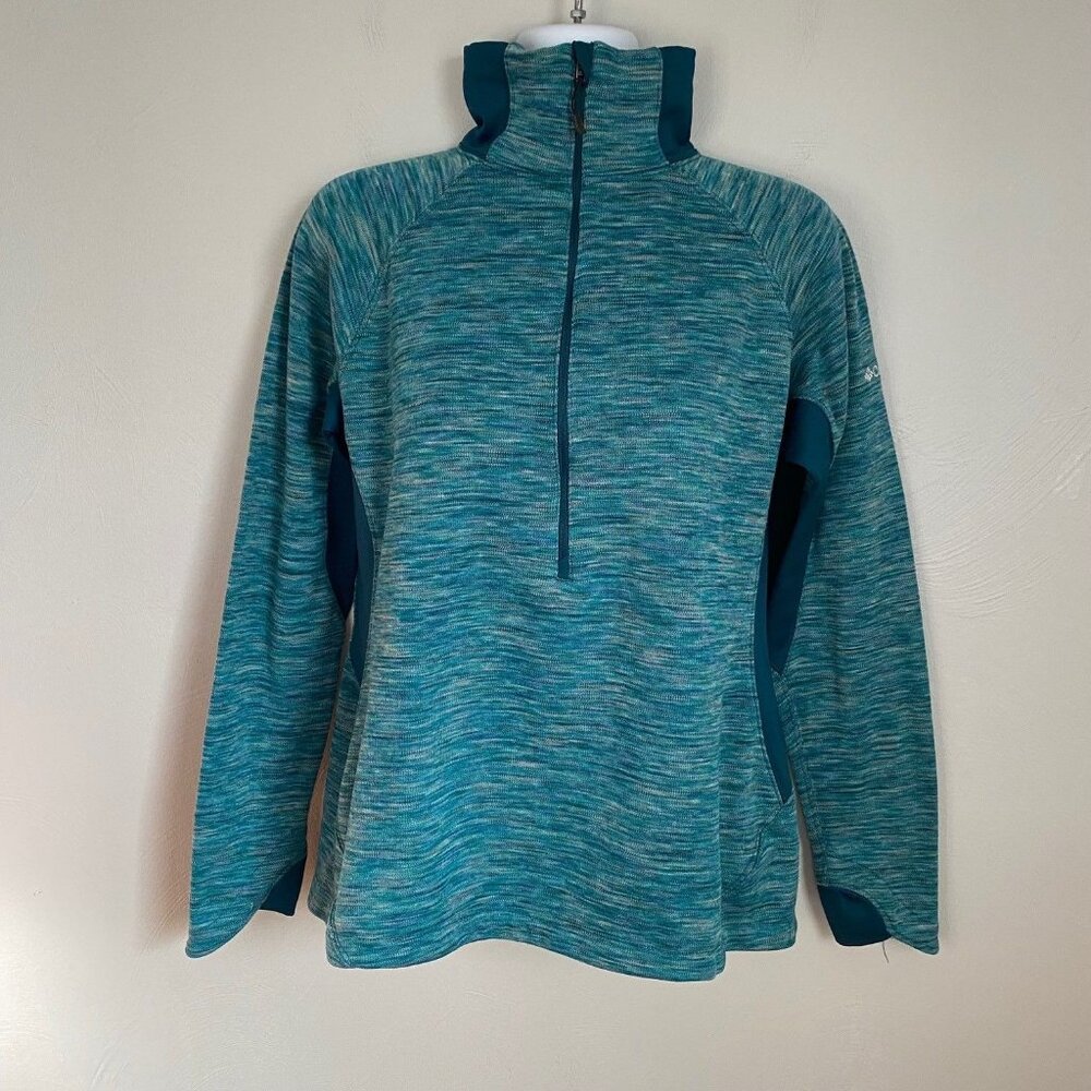 Columbia 1/2 Zip Knit Pullover Fleece Lined size Large Green Blue Long sleeve